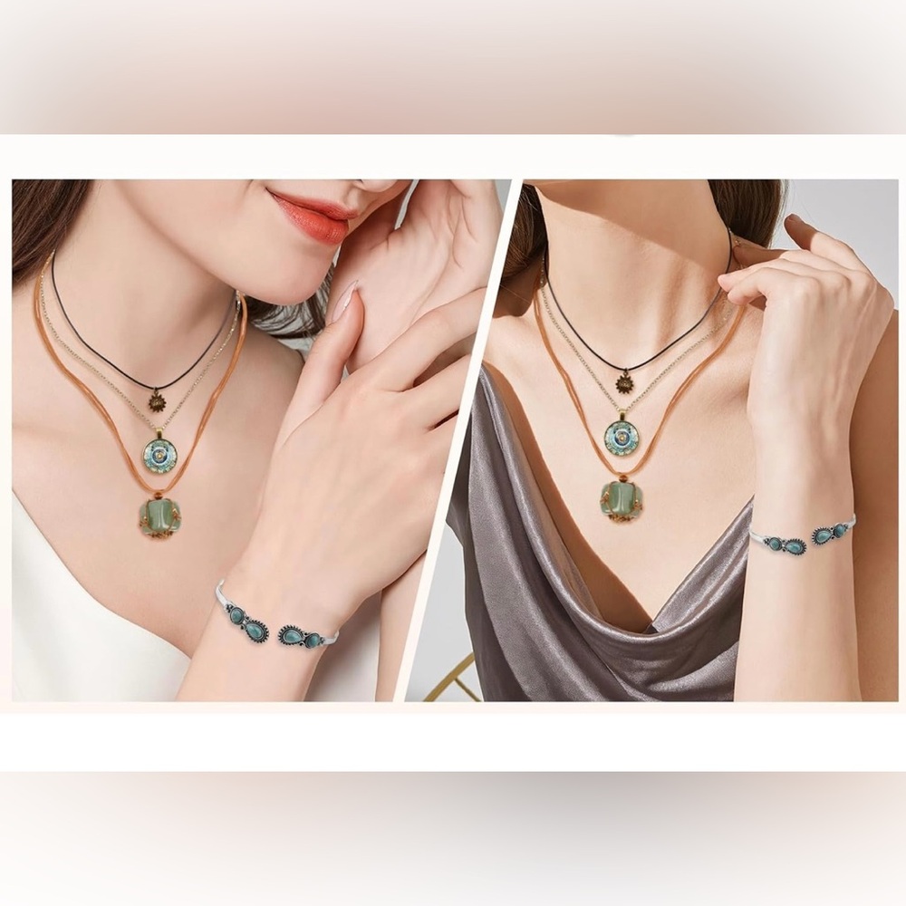 Handcrafted faux Jade multi layer BOHO Sun Necklace Set Turquoise Bracelet Chic